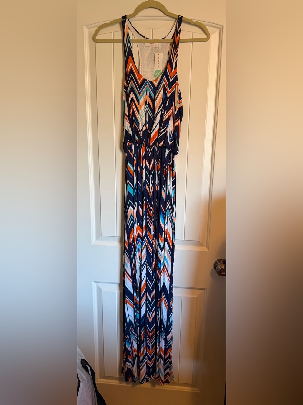 Renee C Reyna Knit Maxi Dress Size Small Navy Multicolor Geometric Racerback NWT